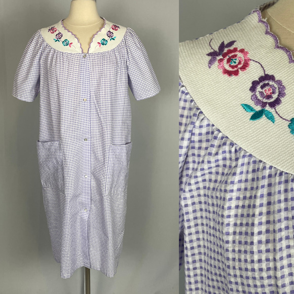 Vintage Night Gown Size Small Purple Gingham Embroidered House Dress Smock 80s - Picture 1 of 16
